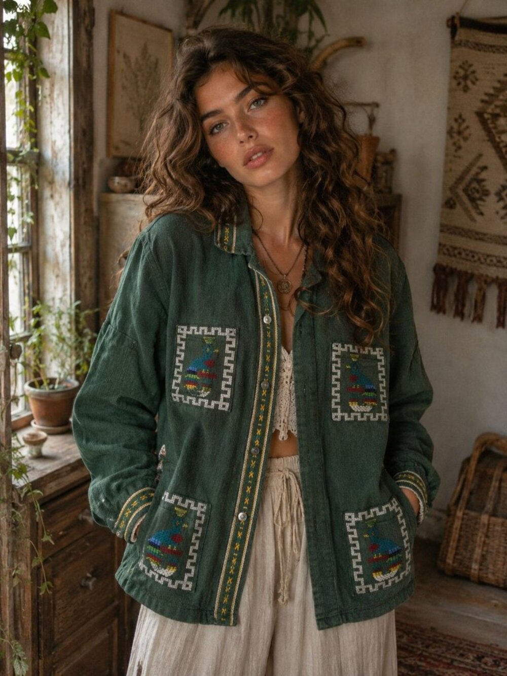 Vintage 1960s Guatemalan Handwoven Textile Jacket Aztec Quetzal Bird Shirt Green